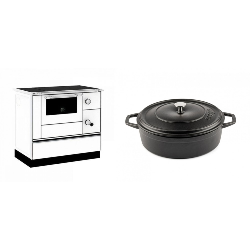 Set Küchenofen / Küchenhexe mit Backofen und Kochplatte Alfa Plam, Modell Alfa 90 H Favorit Weiß, Leistung 6.4kW + Gusseisen Topf Flach Solagio, Black Onyx, Ф26 | Kaminofen - Holzofen mit Backfach | Kaminofen |