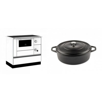 Set Küchenofen / Küchenhexe mit Backofen und Kochplatte Alfa Plam, Modell Alfa 90 H Favorit Weiß, Leistung 6.4kW + Gusseisen Topf Flach Solagio, Black Onyx, Ф26 - Kaminofen - Holzofen mit Backfach