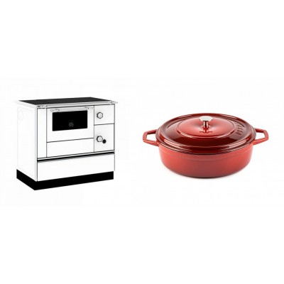 Set Küchenofen / Küchenhexe mit Backofen und Kochplatte Alfa Plam, Modell Alfa 90 H Favorit Weiß, Leistung 6.4kW + Gusseisen Topf Flach Solagio, Rubin, Ф26 - Kaminofen - Holzofen mit Backfach