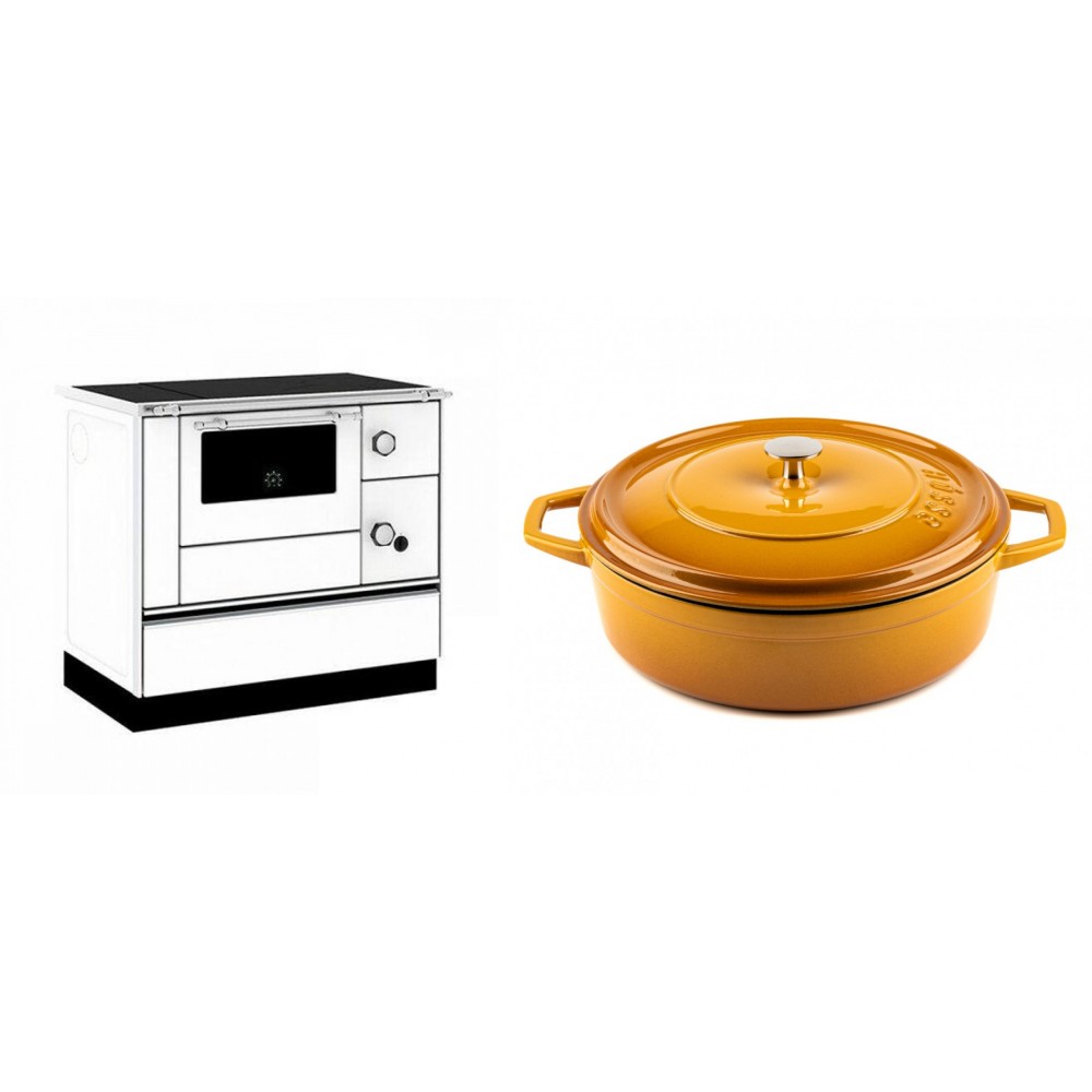 Set Küchenofen / Küchenhexe mit Backofen und Kochplatte Alfa Plam, Modell Alfa 90 H Favorit Weiß, Leistung 6.4kW + Gusseisen Topf Flach Solagio, Dijon, Ф28