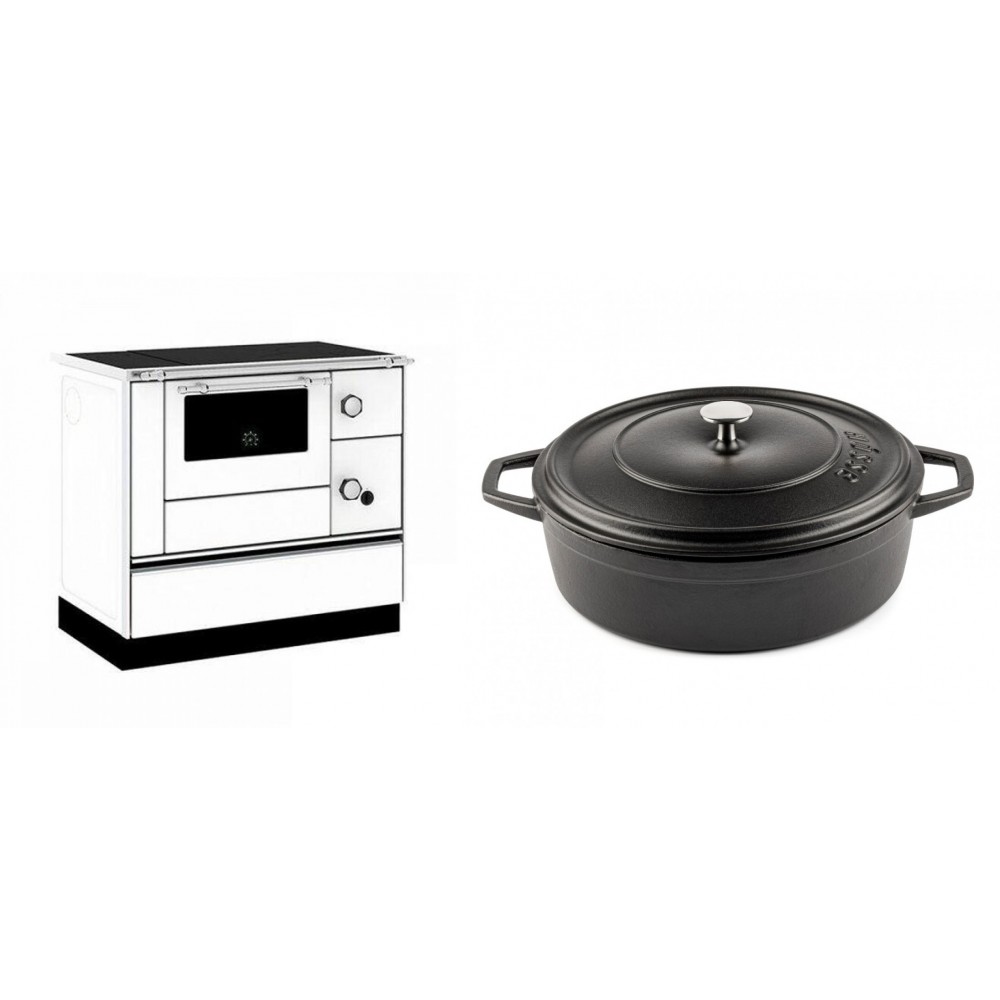 Set Küchenofen / Küchenhexe mit Backofen und Kochplatte Alfa Plam, Modell Alfa 90 H Favorit Weiß, Leistung 6.4kW + Gusseisen Topf Flach Solagio, Black Onyx, Ф28 | Kaminofen - Holzofen mit Backfach | Kaminofen |