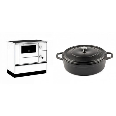 Set Küchenofen / Küchenhexe mit Backofen und Kochplatte Alfa Plam, Modell Alfa 90 H Favorit Weiß, Leistung 6.4kW + Gusseisen Topf Flach Solagio, Black Onyx, Ф28 - Kaminofen - Holzofen mit Backfach