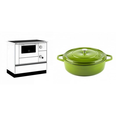 Set Küchenofen / Küchenhexe mit Backofen und Kochplatte Alfa Plam, Modell Alfa 90 H Favorit Weiß, Leistung 6.4kW + Gusseisen Topf Flach Solagio, Bamboo, Ф28 - Kaminofen - Holzofen mit Backfach