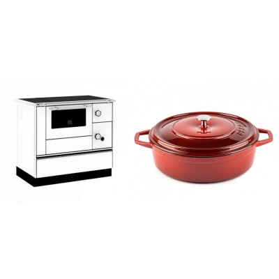 Set Küchenofen / Küchenhexe mit Backofen und Kochplatte Alfa Plam, Modell Alfa 90 H Favorit Weiß, Leistung 6.4kW + Gusseisen Topf Flach Solagio, Rubin, Ф28 - Kaminofen - Holzofen mit Backfach