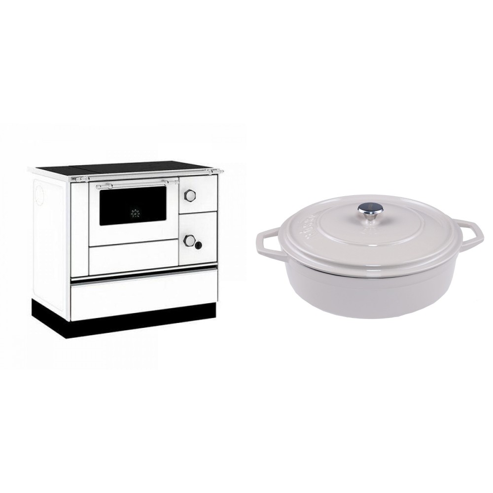Set Küchenofen / Küchenhexe mit Backofen und Kochplatte Alfa Plam, Modell Alfa 90 H Favorit Weiß, Leistung 6.4kW + Gusseisen Topf Flach Solagio, Ivory, Ф28