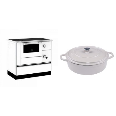 Set Küchenofen / Küchenhexe mit Backofen und Kochplatte Alfa Plam, Modell Alfa 90 H Favorit Weiß, Leistung 6.4kW + Gusseisen Topf Flach Solagio, Ivory, Ф28 - Kaminofen - Holzofen mit Backfach
