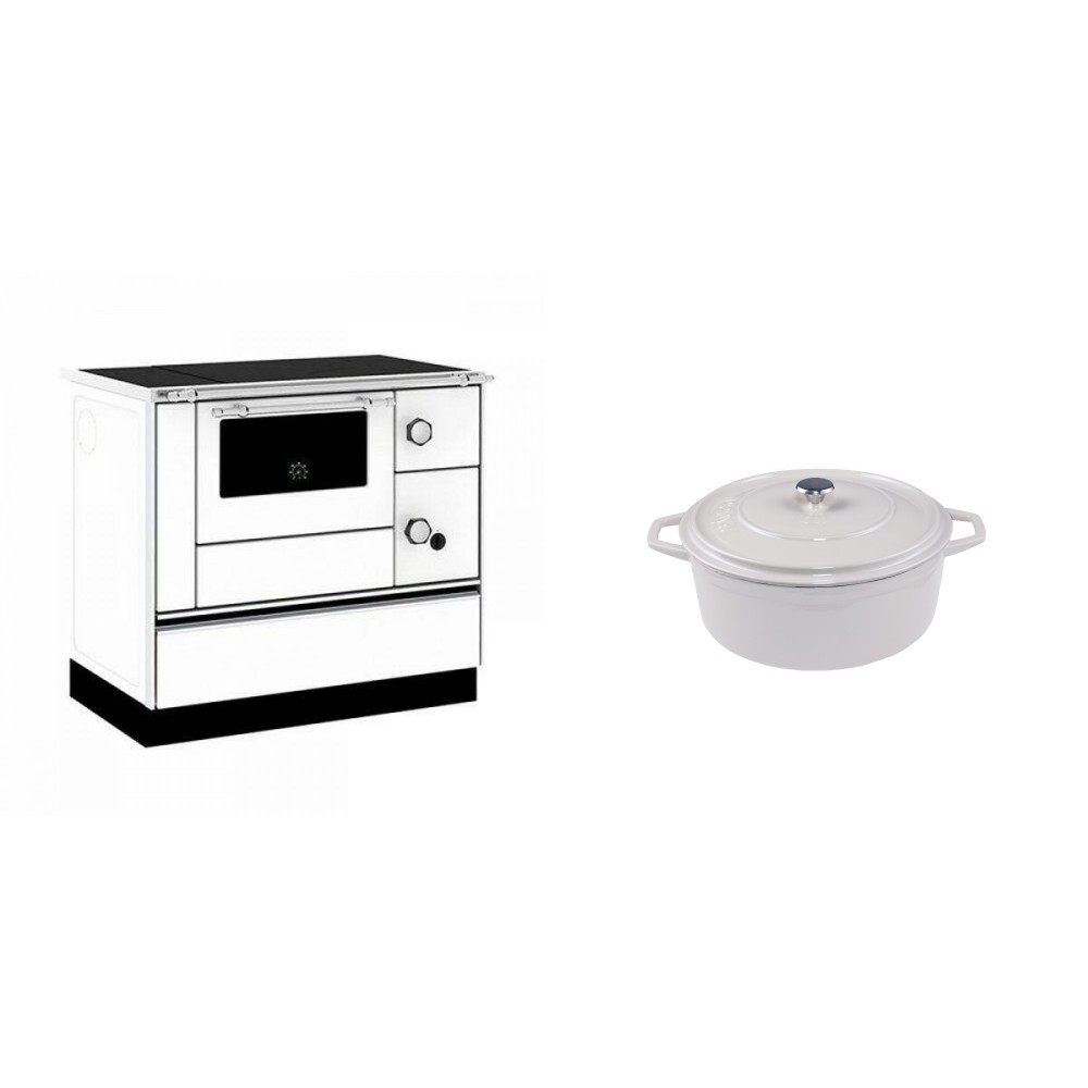 Set Küchenofen / Küchenhexe mit Backofen und Kochplatte Alfa Plam, Modell Alfa 90 H Favorit Weiß, Leistung 6.4kW + Gusseisen Topf Tiefer Solagio, Ivory, Ф12