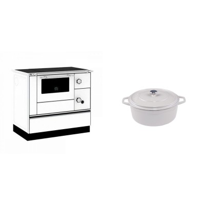 Set Küchenofen / Küchenhexe mit Backofen und Kochplatte Alfa Plam, Modell Alfa 90 H Favorit Weiß, Leistung 6.4kW + Gusseisen Topf Tiefer Solagio, Ivory, Ф12 - Kaminofen - Holzofen mit Backfach