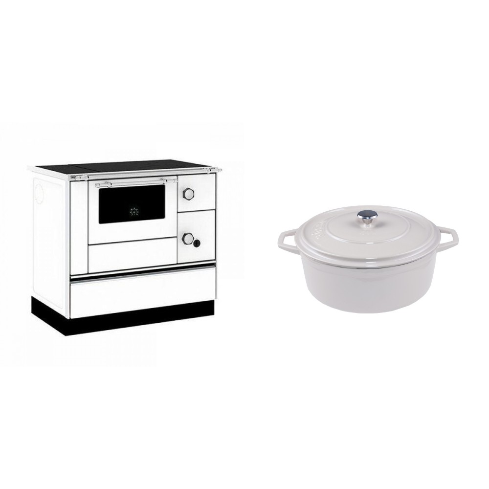 Set Küchenofen / Küchenhexe mit Backofen und Kochplatte Alfa Plam, Modell Alfa 90 H Favorit Weiß, Leistung 6.4kW + Gusseisen Topf Tiefer Solagio, Ivory, Ф20
