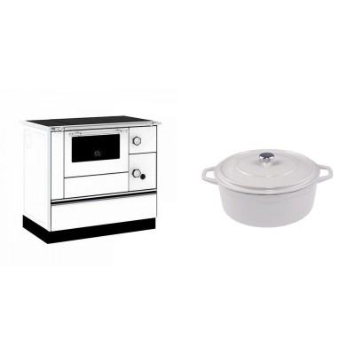 Set Küchenofen / Küchenhexe mit Backofen und Kochplatte Alfa Plam, Modell Alfa 90 H Favorit Weiß, Leistung 6.4kW + Gusseisen Topf Tiefer Solagio, Ivory, Ф20 - Kaminofen - Holzofen mit Backfach