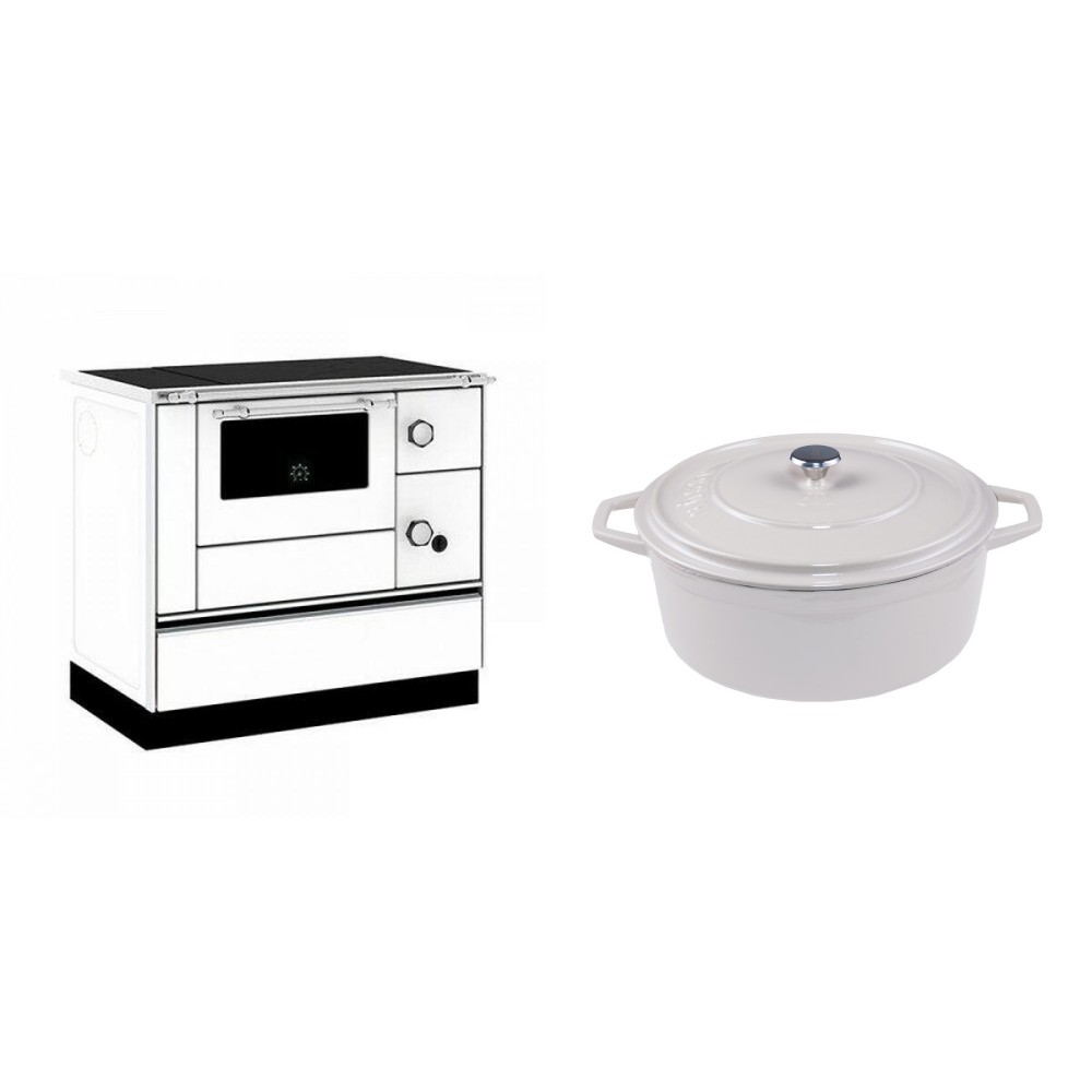 Set Küchenofen / Küchenhexe mit Backofen und Kochplatte Alfa Plam, Modell Alfa 90 H Favorit Weiß, Leistung 6.4kW + Gusseisen Topf Tiefer Solagio, Ivory, Ф24 | Kaminofen - Holzofen mit Backfach | Kaminofen |