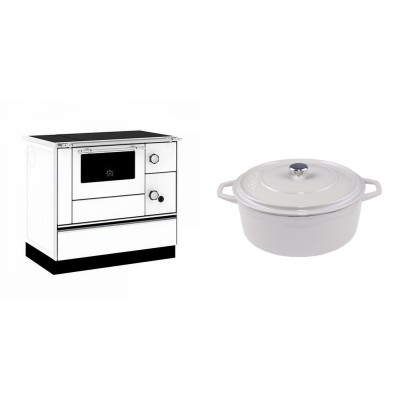 Set Küchenofen / Küchenhexe mit Backofen und Kochplatte Alfa Plam, Modell Alfa 90 H Favorit Weiß, Leistung 6.4kW + Gusseisen Topf Tiefer Solagio, Ivory, Ф24 - Kaminofen - Holzofen mit Backfach