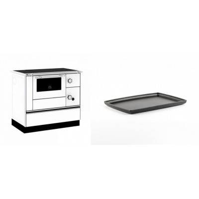 Set Küchenofen / Küchenhexe mit Backofen und Kochplatte Alfa Plam, Modell Alfa 90 H Favorit Weiß, Leistung 6.4kW + Rechteckige Servierplatte aus Gusseisen Solagio, 21x31cm - Kaminofen - Holzofen mit Backfach
