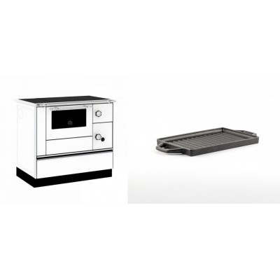Set Küchenofen / Küchenhexe mit Backofen und Kochplatte Alfa Plam, Modell Alfa 90 H Favorit Weiß, Leistung 6.4kW + Mini-Grillplatte aus Gusseisen Solagio, 15.5x22.5cm - Kaminofen - Holzofen mit Backfach