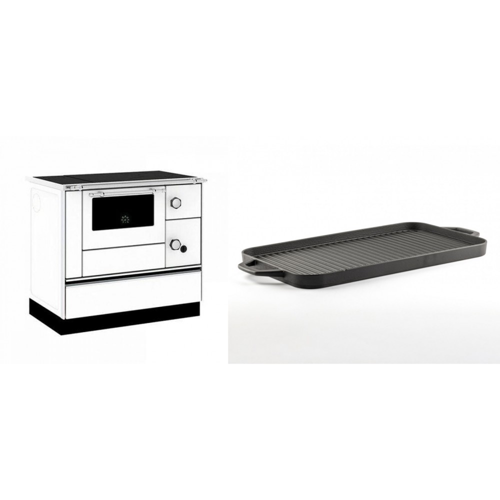 Set Küchenofen / Küchenhexe mit Backofen und Kochplatte Alfa Plam, Modell Alfa 90 H Favorit Weiß, Leistung 6.4kW + Große Grillplatte aus Gusseisen Solagio, 25x44cm