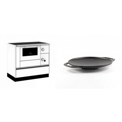 Set Küchenofen / Küchenhexe mit Backofen und Kochplatte Alfa Plam, Modell Alfa 90 H Favorit Weiß, Leistung 6.4kW + Backplatte aus Gusseisen Solagio, Ф28cm - Kaminofen - Holzofen mit Backfach
