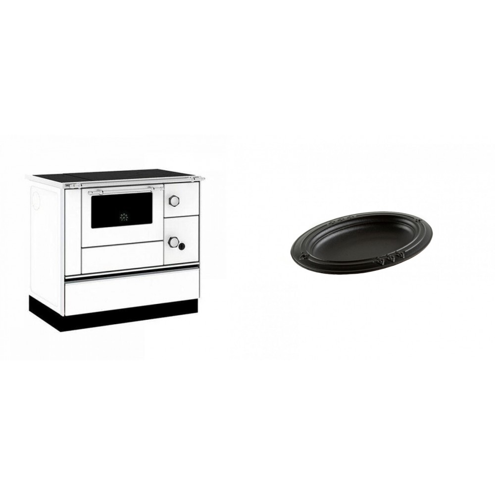 Set Küchenofen / Küchenhexe mit Backofen und Kochplatte Alfa Plam, Modell Alfa 90 H Favorit Weiß, Leistung 6.4kW + Gusseiserne auflaufform Solagio oval, 17x28cm