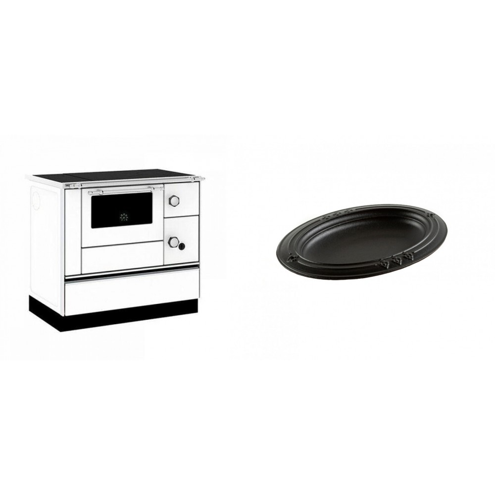 Set Küchenofen / Küchenhexe mit Backofen und Kochplatte Alfa Plam, Modell Alfa 90 H Favorit Weiß, Leistung 6.4kW + Gusseiserne auflaufform Solagio oval, 25x33cm | Kaminofen - Holzofen mit Backfach | Kaminofen |
