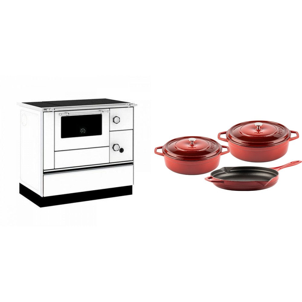 Set Küchenofen / Küchenhexe mit Backofen und Kochplatte Alfa Plam, Modell Alfa 90 H Favorit Weiß, Leistung 6.4kW + Gusseisen Topf Set aus 3 teilen Solagio, Rubin