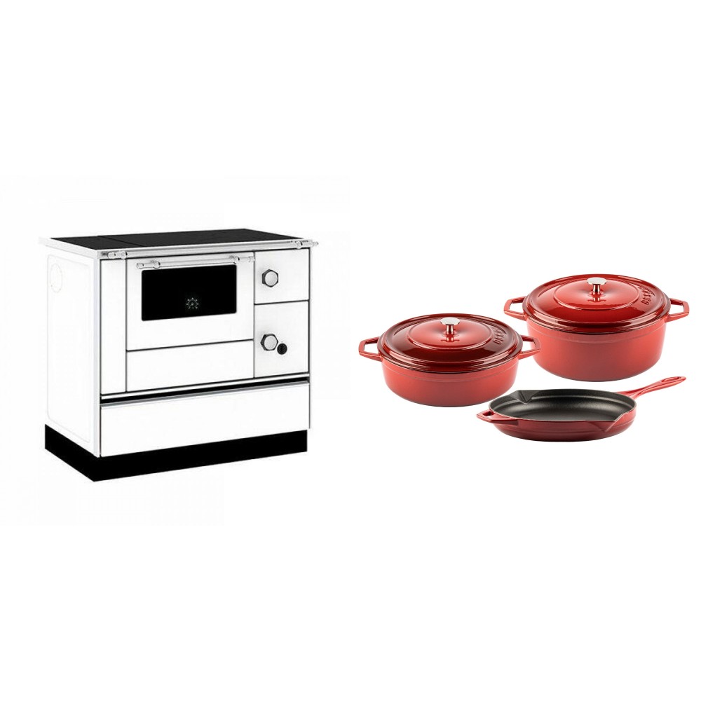 Set Küchenofen / Küchenhexe mit Backofen und Kochplatte Alfa Plam, Modell Alfa 90 H Favorit Weiß, Leistung 6.4kW + Gusseisen Topf Set aus 3 teilen Solagio, Rubin
