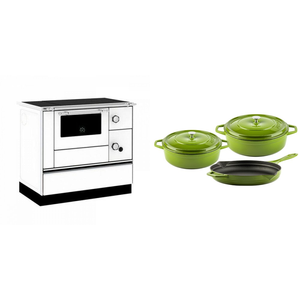 Set Küchenofen / Küchenhexe mit Backofen und Kochplatte Alfa Plam, Modell Alfa 90 H Favorit Weiß, Leistung 6.4kW + Gusseisen Topf Set aus 3 teilen Solagio, Bamboo | Kaminofen - Holzofen mit Backfach | Kaminofen |