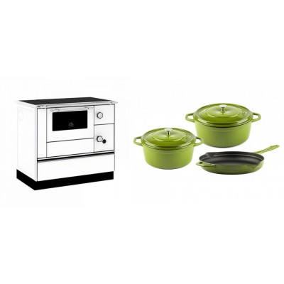 Set Küchenofen / Küchenhexe mit Backofen und Kochplatte Alfa Plam, Modell Alfa 90 H Favorit Weiß, Leistung 6.4kW + Gusseisen Topf Set aus 3 teilen Solagio, Bamboo - Kaminofen - Holzofen mit Backfach