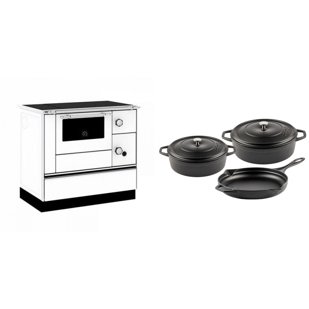 Set Küchenofen / Küchenhexe mit Backofen und Kochplatte Alfa Plam, Modell Alfa 90 H Favorit Weiß, Leistung 6.4kW + Gusseisen Topf Set aus 3 teilen Solagio, Black Onyx | Kaminofen - Holzofen mit Backfach | Kaminofen |
