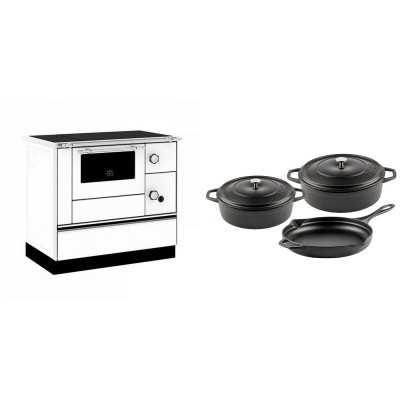 Set Küchenofen / Küchenhexe mit Backofen und Kochplatte Alfa Plam, Modell Alfa 90 H Favorit Weiß, Leistung 6.4kW + Gusseisen Topf Set aus 3 teilen Solagio, Black Onyx - Kaminofen - Holzofen mit Backfach
