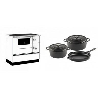 Set Küchenofen / Küchenhexe mit Backofen und Kochplatte Alfa Plam, Modell Alfa 90 H Favorit Weiß, Leistung 6.4kW + Gusseisen Topf Set aus 3 teilen Solagio, Black Onyx - Kaminofen - Holzofen mit Backfach
