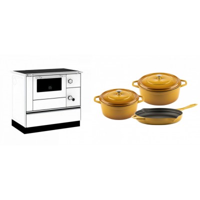 Set Küchenofen / Küchenhexe mit Backofen und Kochplatte Alfa Plam, Modell Alfa 90 H Favorit Weiß, Leistung 6.4kW + Gusseisen Topf Set aus 3 teilen Solagio, Dijon - Kaminofen - Holzofen mit Backfach