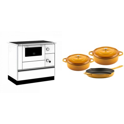 Set Küchenofen / Küchenhexe mit Backofen und Kochplatte Alfa Plam, Modell Alfa 90 H Favorit Weiß, Leistung 6.4kW + Gusseisen Topf Set aus 3 teilen Solagio, Dijon - Kaminofen - Holzofen mit Backfach