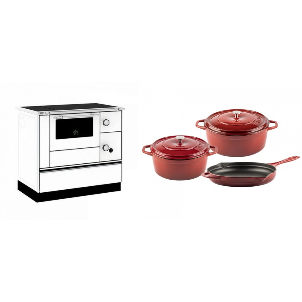 Set Küchenofen / Küchenhexe mit Backofen und Kochplatte Alfa Plam, Modell Alfa 90 H Favorit Weiß, Leistung 6.4kW + Gusseisen Topf Set aus 3 teilen Solagio, Rubin | Kaminofen - Holzofen mit Backfach | Kaminofen |