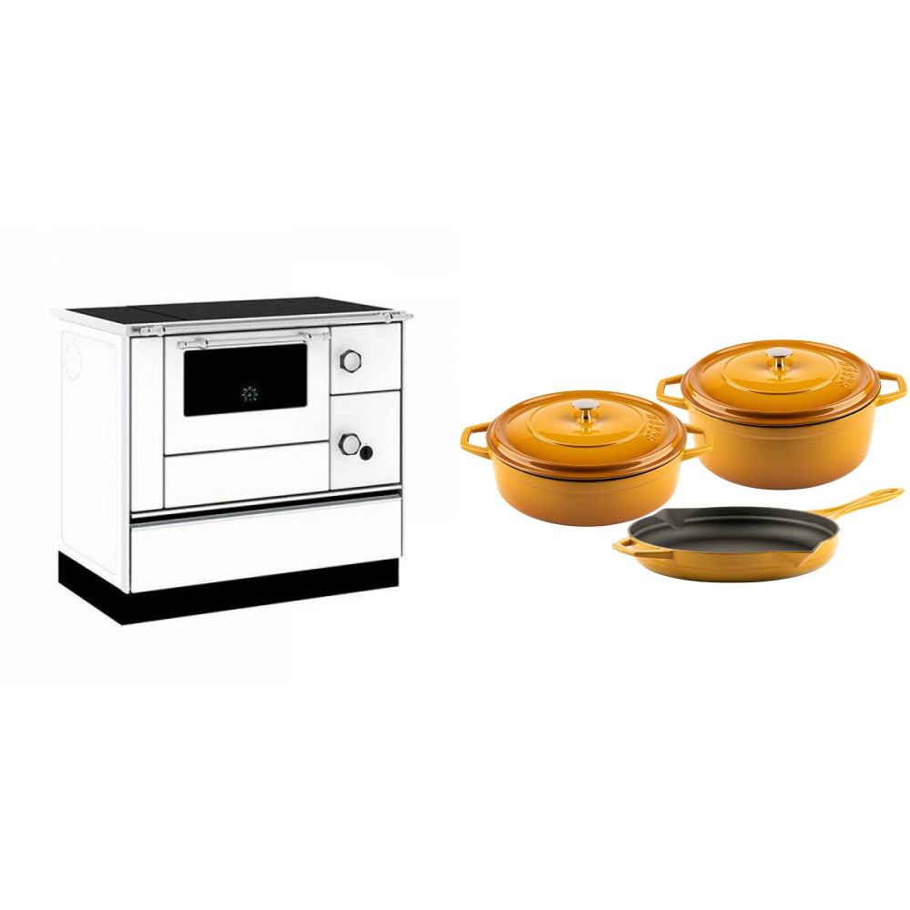 Set Küchenofen / Küchenhexe mit Backofen und Kochplatte Alfa Plam, Modell Alfa 90 H Favorit Weiß, Leistung 6.4kW + Gusseisen Topf Set aus 3 teilen Solagio, Dijon | Kaminofen - Holzofen mit Backfach | Kaminofen |
