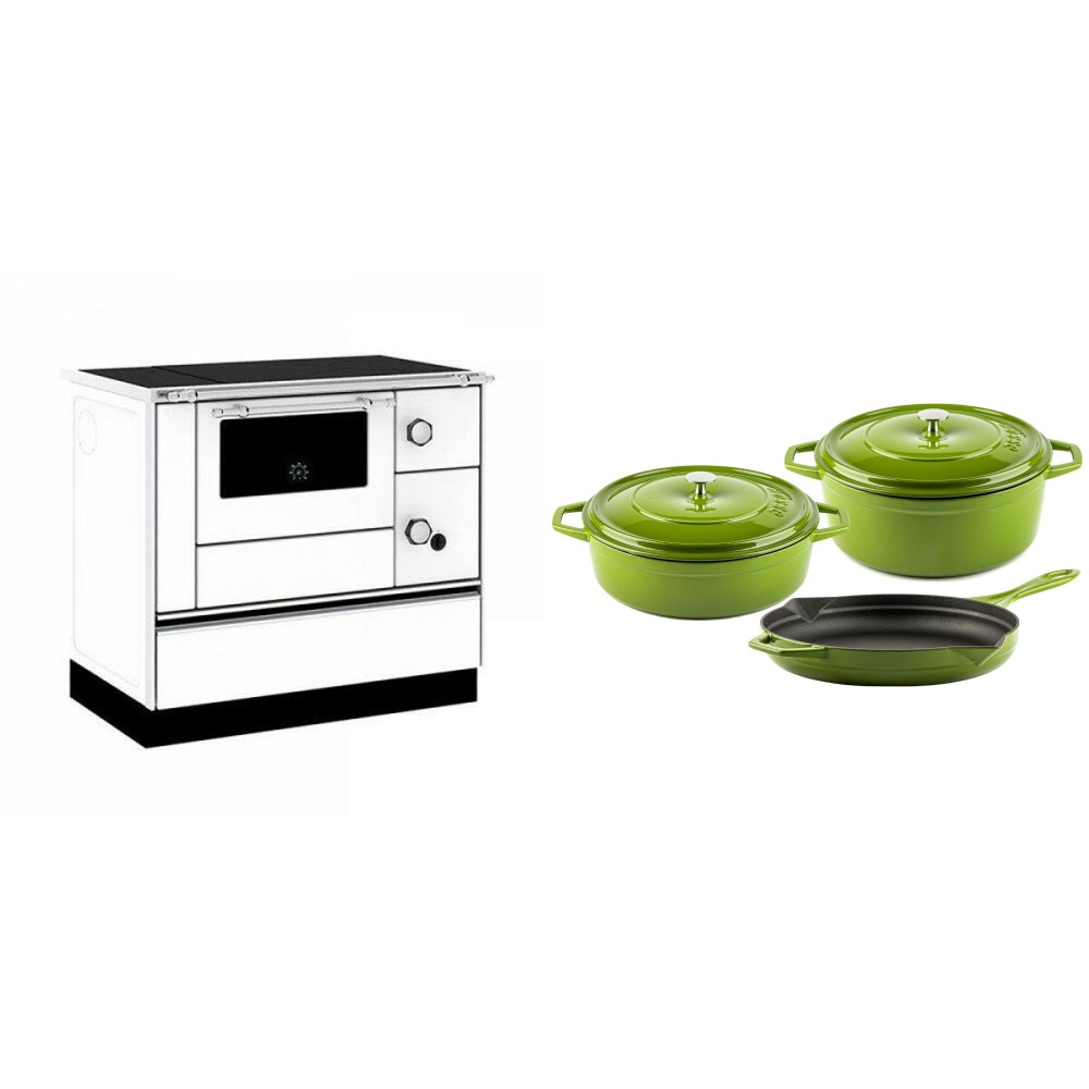 Set Küchenofen / Küchenhexe mit Backofen und Kochplatte Alfa Plam, Modell Alfa 90 H Favorit Weiß, Leistung 6.4kW + Gusseisen Topf Set aus 3 teilen Solagio, Bamboo