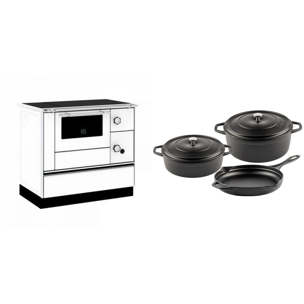 Set Küchenofen / Küchenhexe mit Backofen und Kochplatte Alfa Plam, Modell Alfa 90 H Favorit Weiß, Leistung 6.4kW + Gusseisen Topf Set aus 3 teilen Solagio, Black Onyx | Kaminofen - Holzofen mit Backfach | Kaminofen |