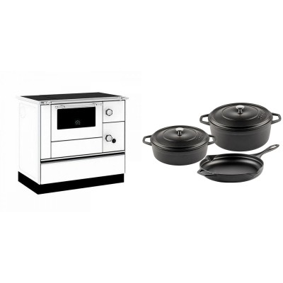 Set Küchenofen / Küchenhexe mit Backofen und Kochplatte Alfa Plam, Modell Alfa 90 H Favorit Weiß, Leistung 6.4kW + Gusseisen Topf Set aus 3 teilen Solagio, Black Onyx - Kaminofen - Holzofen mit Backfach
