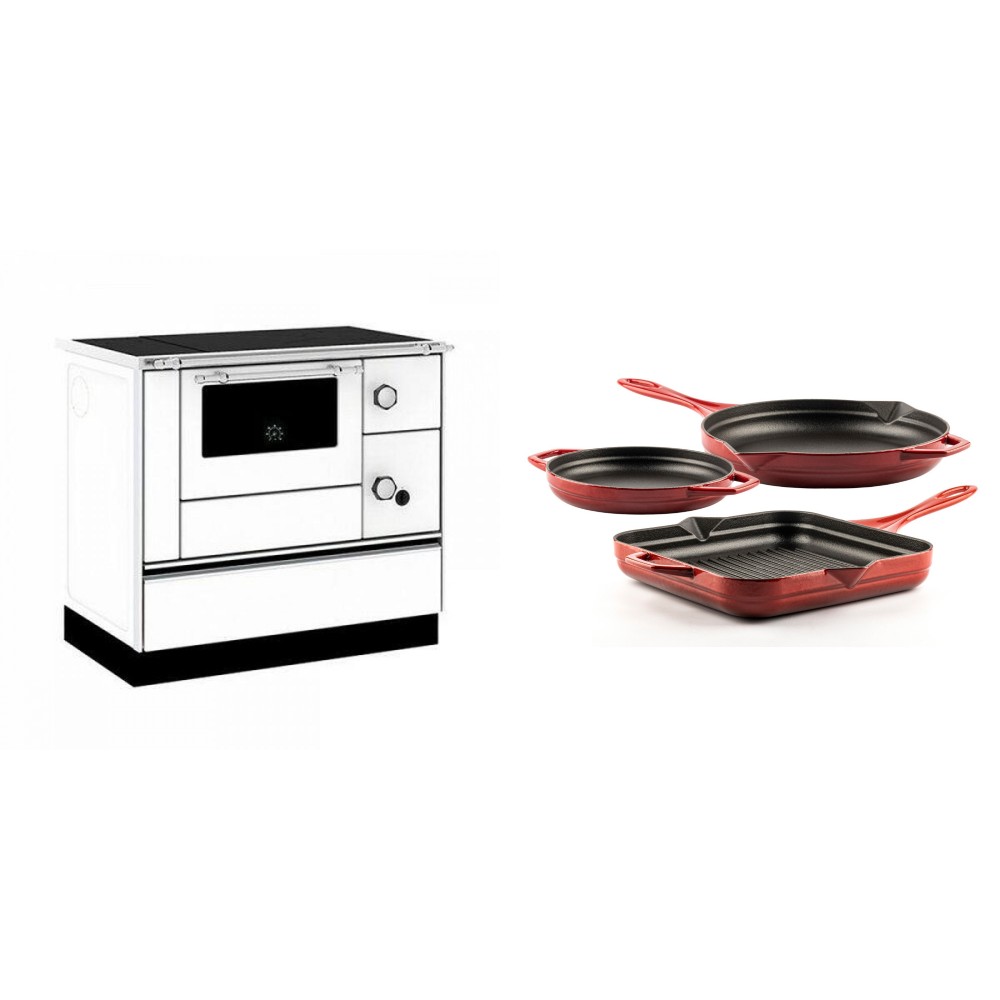 Set Küchenofen / Küchenhexe mit Backofen und Kochplatte Alfa Plam, Modell Alfa 90 H Favorit Weiß, Leistung 6.4kW + Gusseisen Topf Set aus 3 teilen Solagio, Rubin