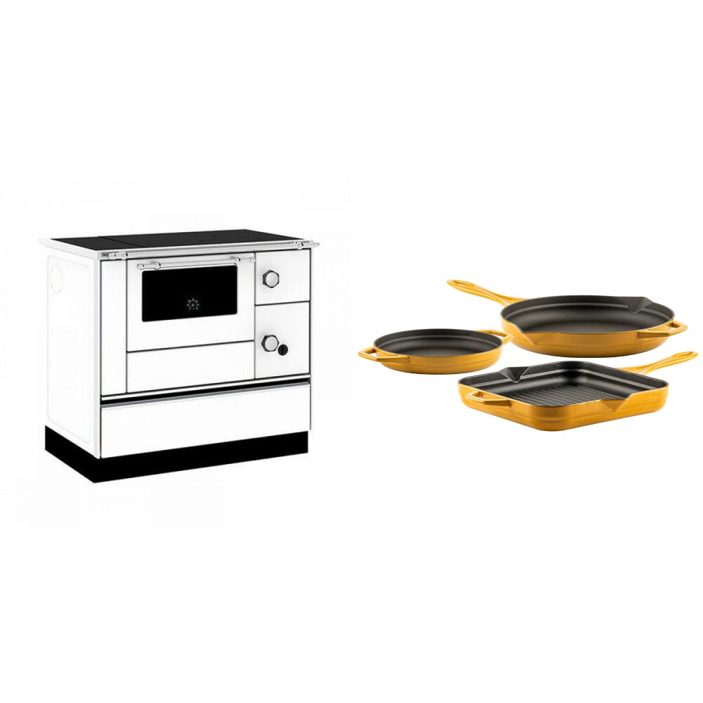Set Küchenofen / Küchenhexe mit Backofen und Kochplatte Alfa Plam, Modell Alfa 90 H Favorit Weiß, Leistung 6.4kW + Gusseisen Topf Set aus 3 teilen Solagio, Dijon | Kaminofen - Holzofen mit Backfach | Kaminofen |