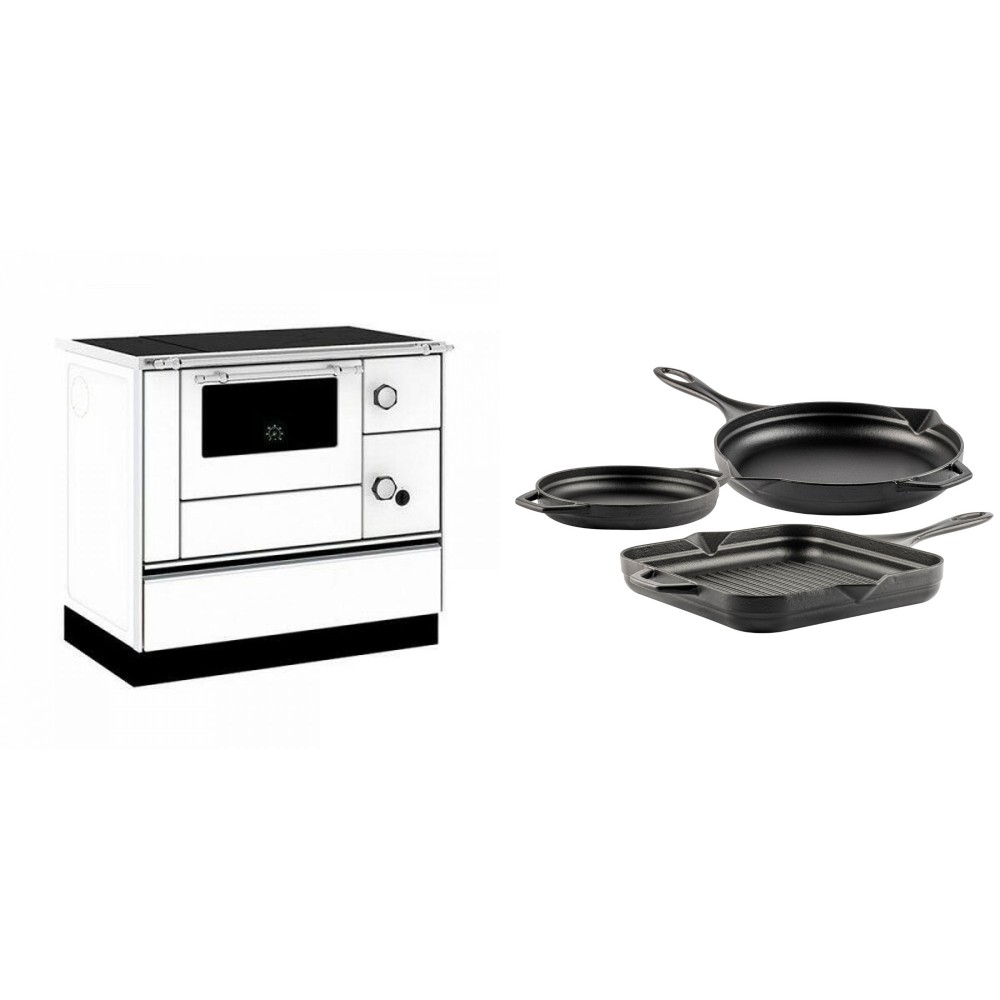 Set Küchenofen / Küchenhexe mit Backofen und Kochplatte Alfa Plam, Modell Alfa 90 H Favorit Weiß, Leistung 6.4kW + Gusseisen Topf Set aus 3 teilen Solagio, Black Onyx | Kaminofen - Holzofen mit Backfach | Kaminofen |