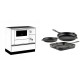 Set Küchenofen / Küchenhexe mit Backofen und Kochplatte Alfa Plam, Modell Alfa 90 H Favorit Weiß, Leistung 6.4kW + Gusseisen Topf Set aus 3 teilen Solagio, Black Onyx | Kaminofen - Holzofen mit Backfach | Kaminofen |