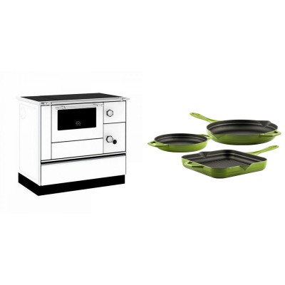 Set Küchenofen / Küchenhexe mit Backofen und Kochplatte Alfa Plam, Modell Alfa 90 H Favorit Weiß, Leistung 6.4kW + Gusseisen Topf Set aus 3 teilen Solagio, Bamboo - Kaminofen - Holzofen mit Backfach