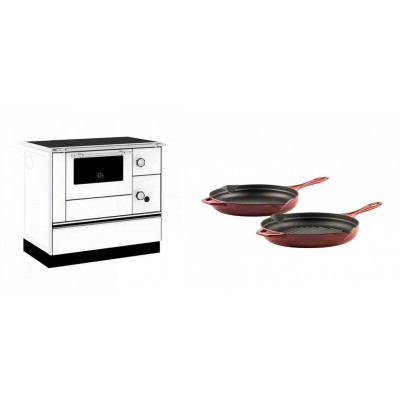 Set Küchenofen / Küchenhexe mit Backofen und Kochplatte Alfa Plam, Modell Alfa 90 H Favorit Weiß, Leistung 6.4kW + Gusseisen Topf Set aus 2 teilen Solagio, Rubin - Kaminofen - Holzofen mit Backfach