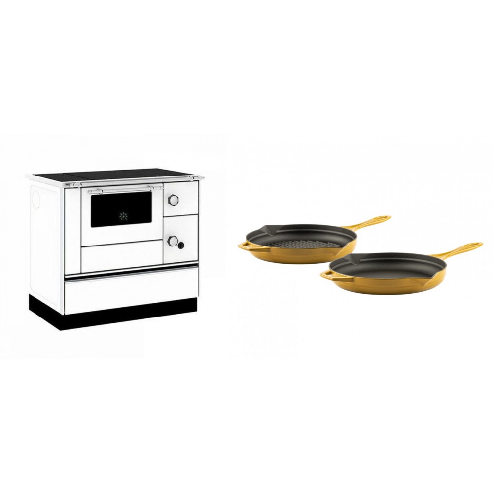 Set Küchenofen / Küchenhexe mit Backofen und Kochplatte Alfa Plam, Modell Alfa 90 H Favorit Weiß, Leistung 6.4kW + Gusseisen Topf Set aus 2 teilen Solagio, Dijon