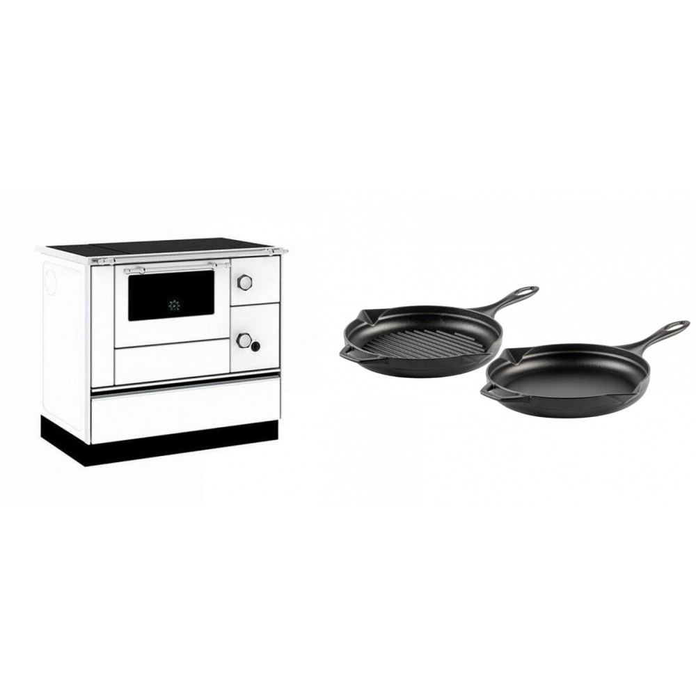 Set Küchenofen / Küchenhexe mit Backofen und Kochplatte Alfa Plam, Modell Alfa 90 H Favorit Weiß, Leistung 6.4kW + Gusseisen Topf Set aus 2 teilen Solagio, Black Onyx | Kaminofen - Holzofen mit Backfach | Kaminofen |