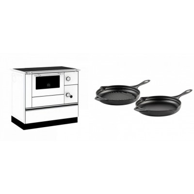 Set Küchenofen / Küchenhexe mit Backofen und Kochplatte Alfa Plam, Modell Alfa 90 H Favorit Weiß, Leistung 6.4kW + Gusseisen Topf Set aus 2 teilen Solagio, Black Onyx - Kaminofen - Holzofen mit Backfach