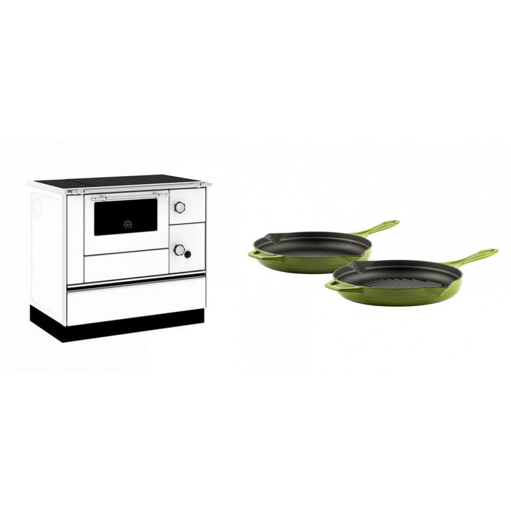 Set Küchenofen / Küchenhexe mit Backofen und Kochplatte Alfa Plam, Modell Alfa 90 H Favorit Weiß, Leistung 6.4kW + Gusseisen Topf Set aus 2 teilen Solagio, Bamboo