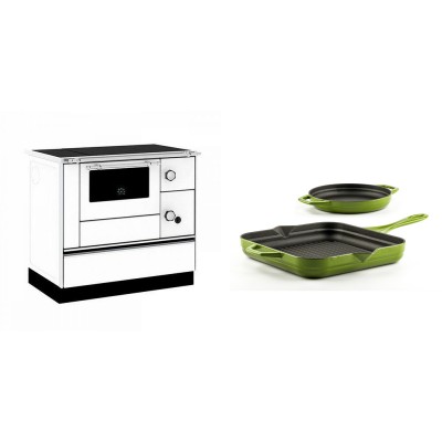 Set Küchenofen / Küchenhexe mit Backofen und Kochplatte Alfa Plam, Modell Alfa 90 H Favorit Weiß, Leistung 6.4kW + Gusseisen Topf Set aus 2 teilen Solagio, Bamboo - Kaminofen - Holzofen mit Backfach