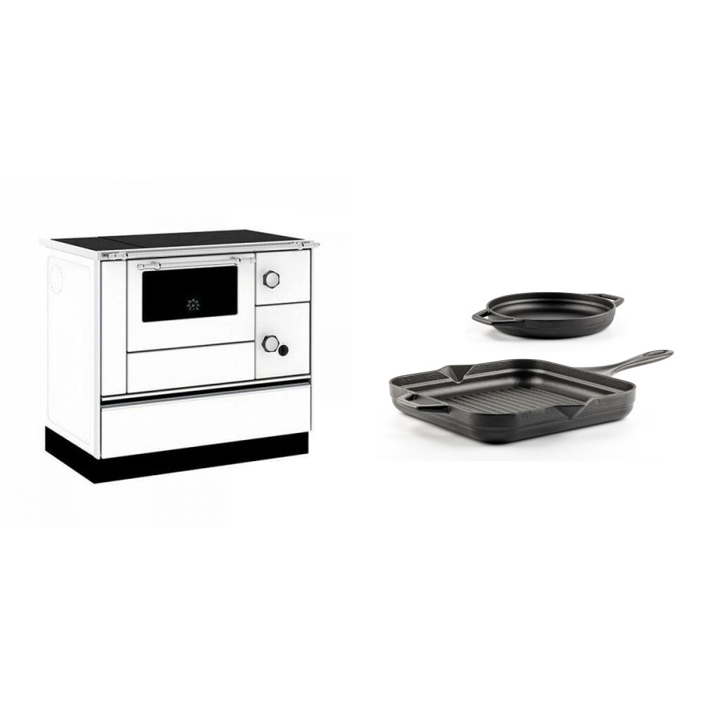 Set Küchenofen / Küchenhexe mit Backofen und Kochplatte Alfa Plam, Modell Alfa 90 H Favorit Weiß, Leistung 6.4kW + Gusseisen Topf Set aus 2 teilen Solagio, Black Onyx