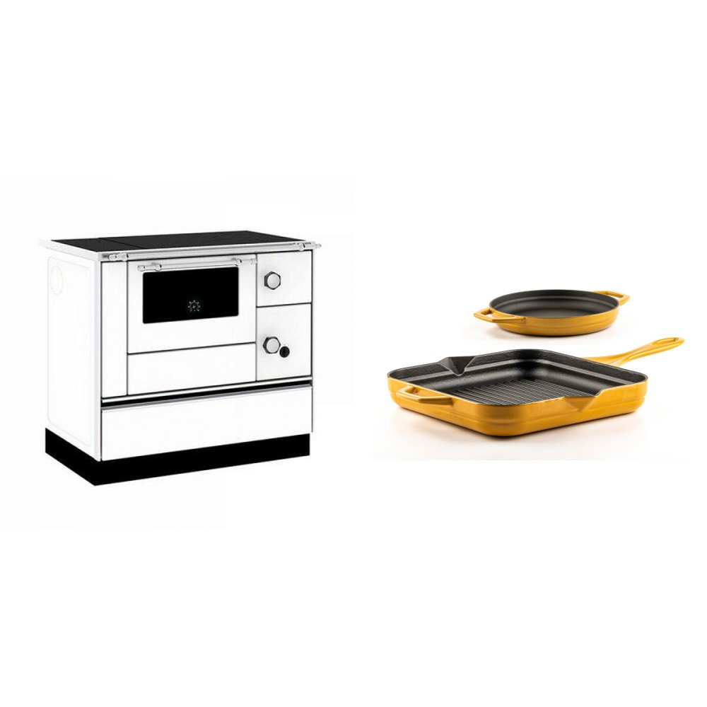 Set Küchenofen / Küchenhexe mit Backofen und Kochplatte Alfa Plam, Modell Alfa 90 H Favorit Weiß, Leistung 6.4kW + Gusseisen Topf Set aus 2 teilen Solagio, Dijon