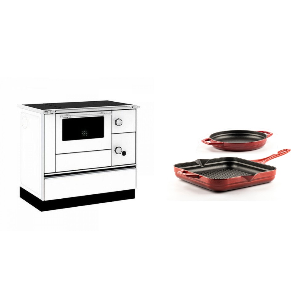 Set Küchenofen / Küchenhexe mit Backofen und Kochplatte Alfa Plam, Modell Alfa 90 H Favorit Weiß, Leistung 6.4kW + Gusseisen Topf Set aus 2 teilen Solagio, Rubin | Kaminofen - Holzofen mit Backfach | Kaminofen |
